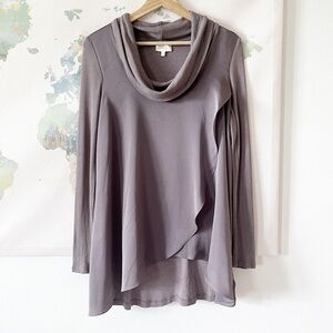 Anthropologie Deletta Top Taupe Satin Front Ribbed Sleeves Cowl Neck Size XS